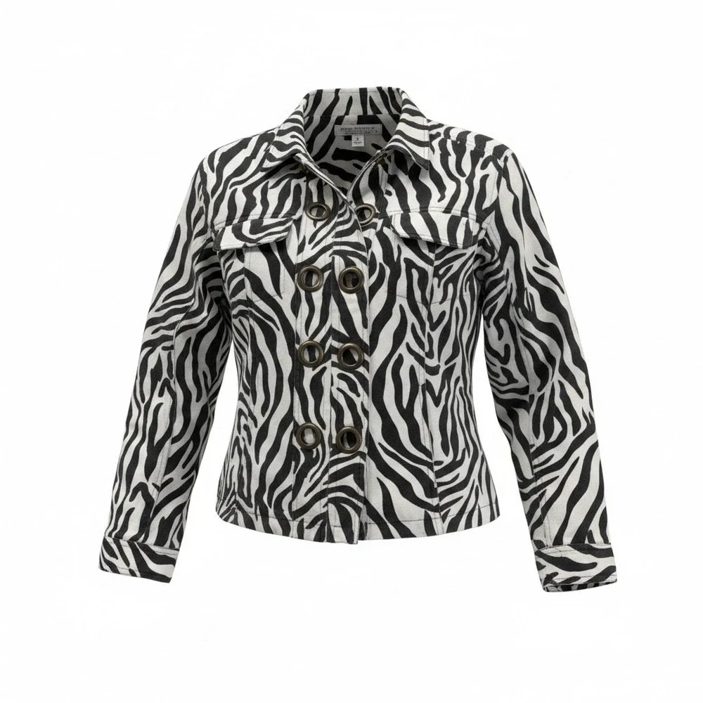 New Directions Zebra Print Canvas Studded Jacket Women Medium Black White Zip